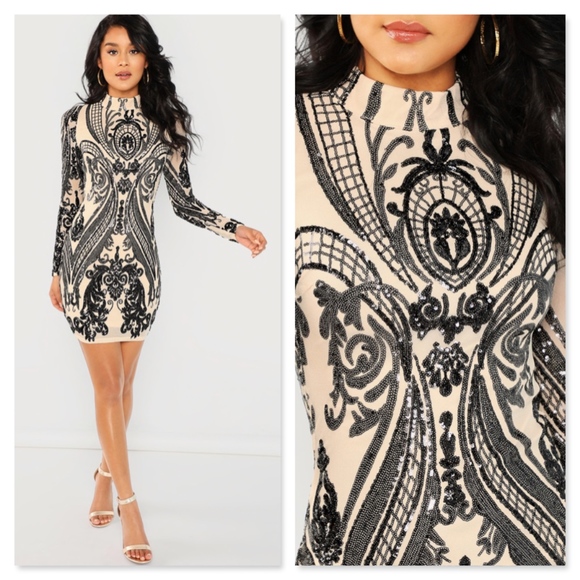 Rouge! Dresses & Skirts - Contrast Sequin Mesh Bodycon Mini Dress Nude Black